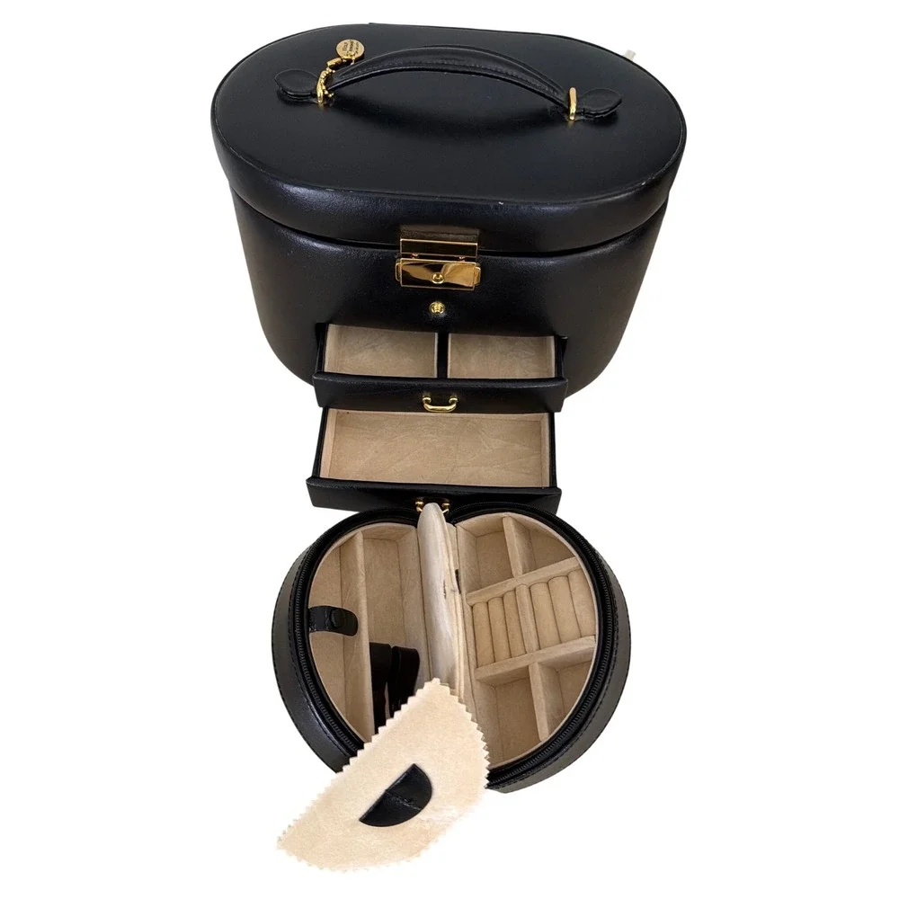 Wolf Designs Black Genuine Leather Oval Jewelry Box with Drawers & Travel Case